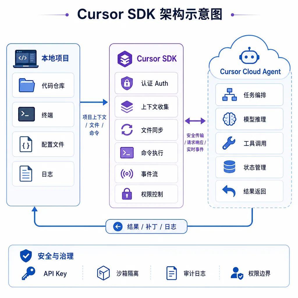 Cursor SDK 架构示意图,展示 SDK 如何连接本地项目与 Cursor Cloud Agent