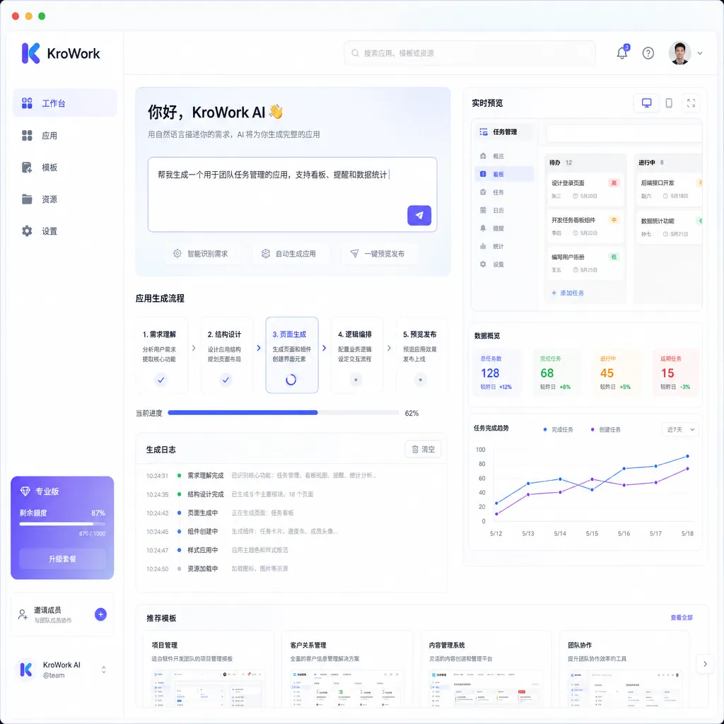 KroWork 桌面端主界面截图,展示自然语言输入框与应用生成流程