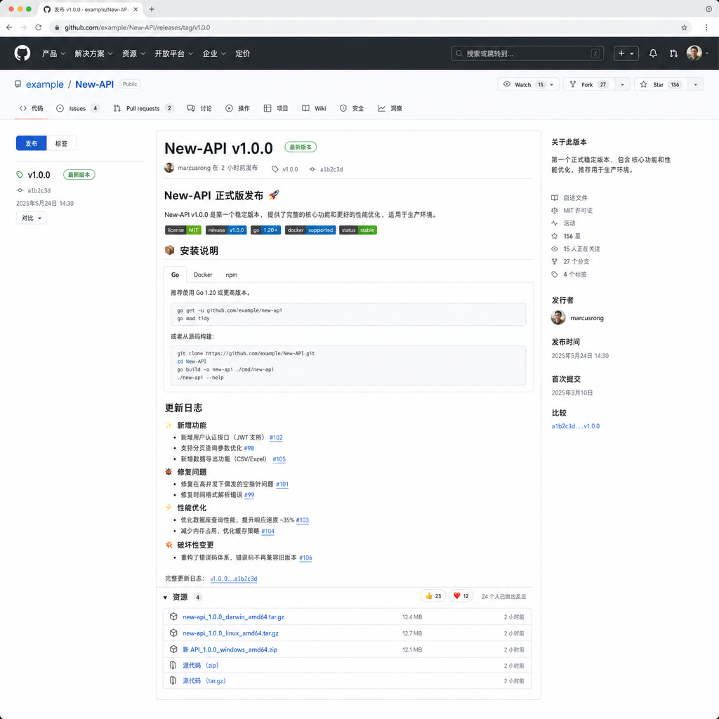 New-API v1.0.0 GitHub Release 页面截图，展示版本发布信息与更新日志