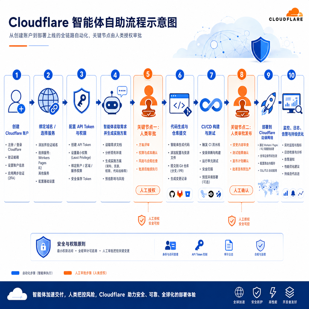 Cloudflare 智能体自助流程示意图，展示从创建账户到部署代码的完整链路，人类在关键节点进行授权审批
