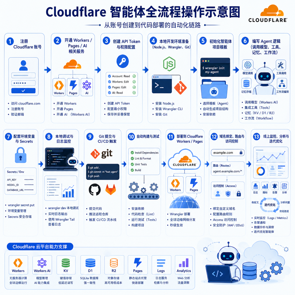Cloudflare 智能体全流程操作示意图，展示从账号创建到代码部署的自动化链路