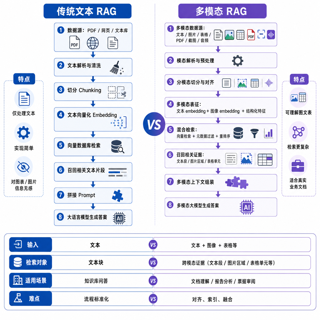 传统文本 RAG 与多模态 RAG 的流程对比图