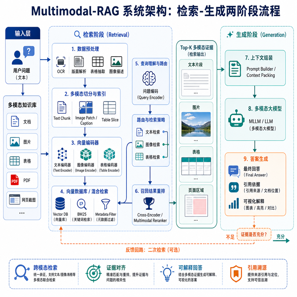 Multimodal-RAG 系统架构图，展示检索和生成两阶段流程