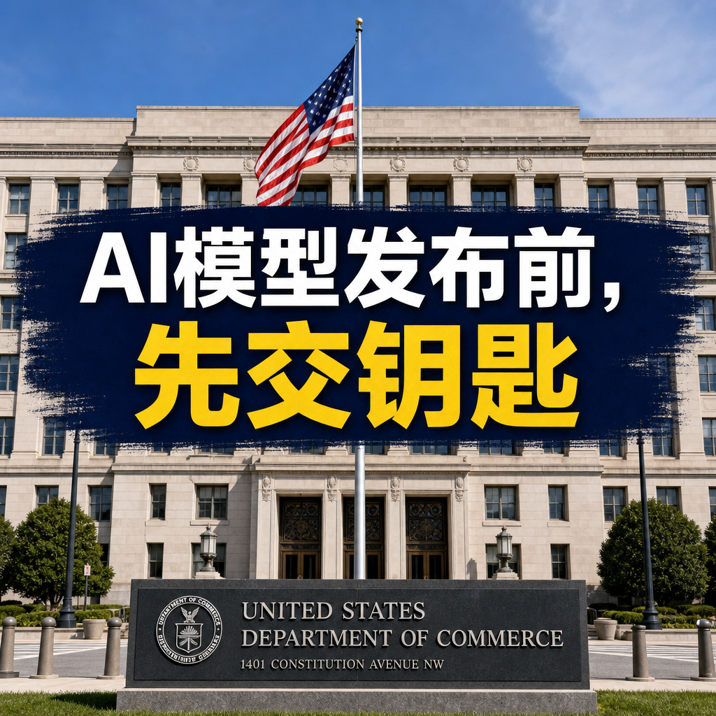 美国商务部大楼外景,配文"AI模型发布前,先交钥匙"