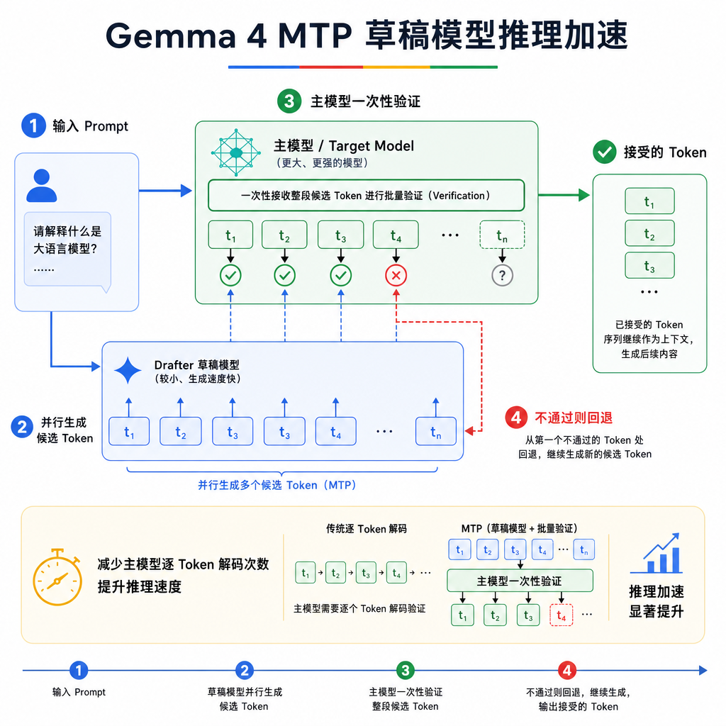 Gemma 4 MTP 草稿模型推理加速示意图，展示 drafter 并行生成候选 token 再由主模型一次性验证的流程