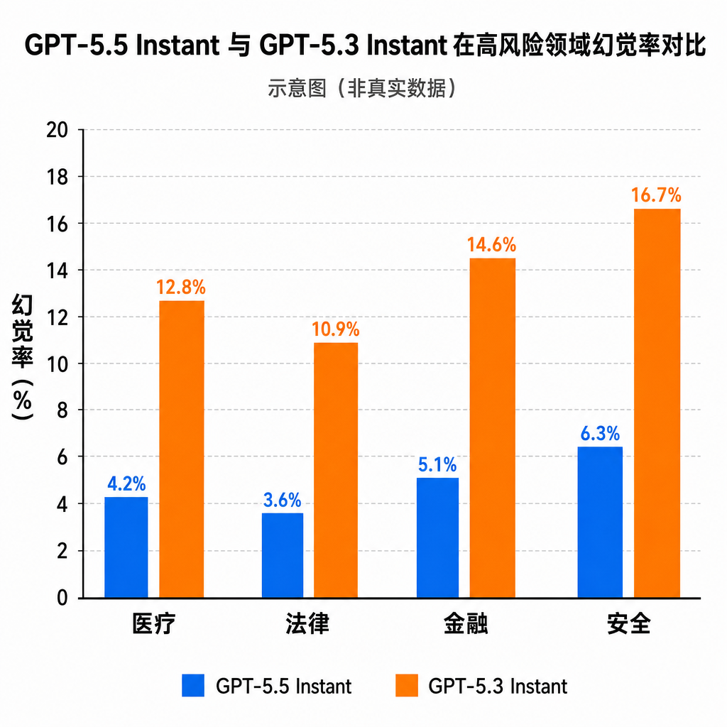 GPT-5.5 Instant 与 GPT-5.3 Instant 在高风险领域幻觉率对比柱状图