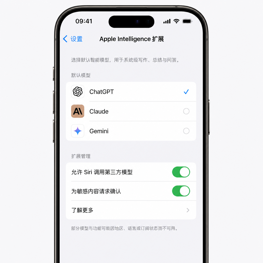 iOS 27 设置中新增的 Apple Intelligence 扩展面板示意图，用户可从 ChatGPT、Claude、Gemini 中选择默认模型