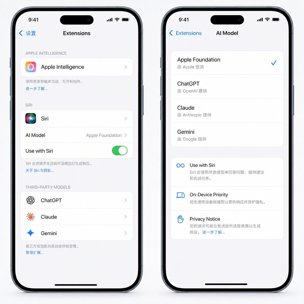iOS 27 Extensions 设置界面示意图,展示用户在系统设置中切换 Siri 所使用的 AI 模型