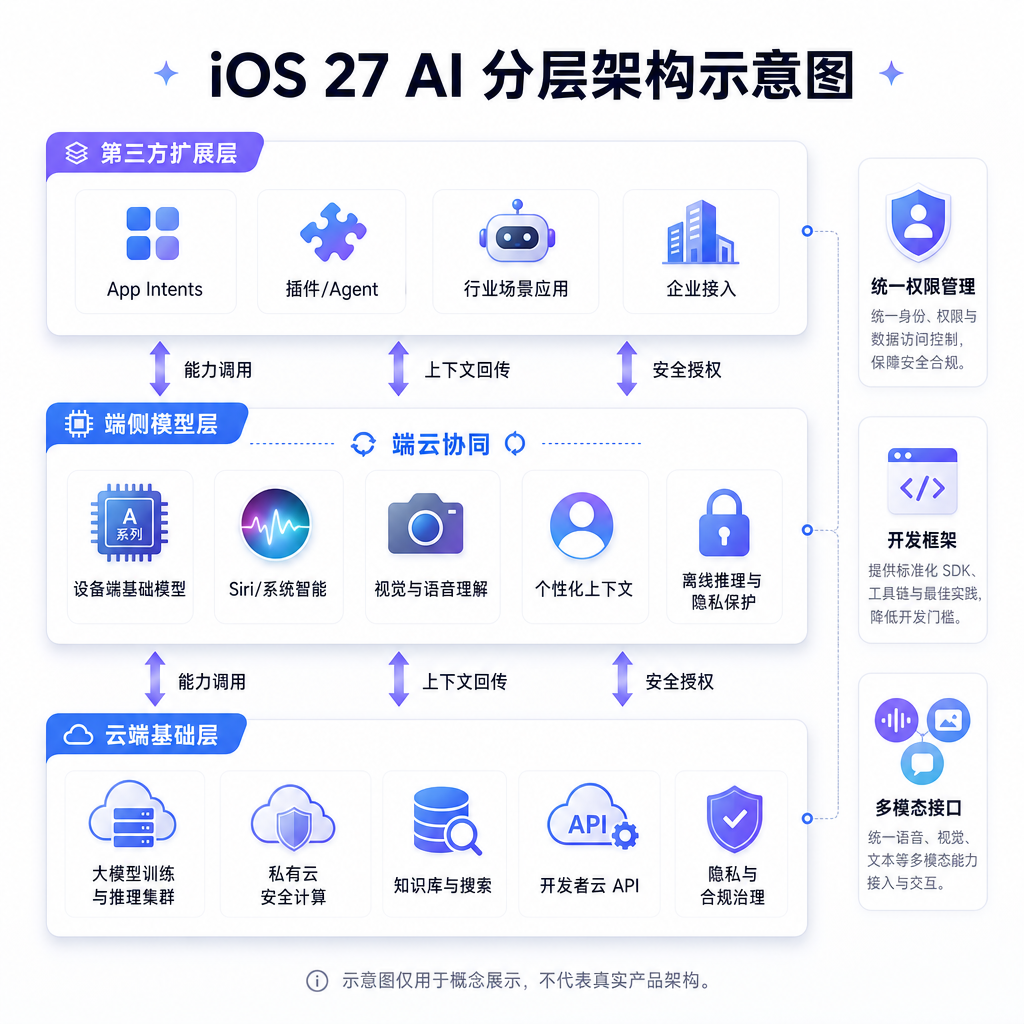 iOS 27 AI 分层架构示意图,展示端侧模型、云端基础层和第三方扩展层的关系