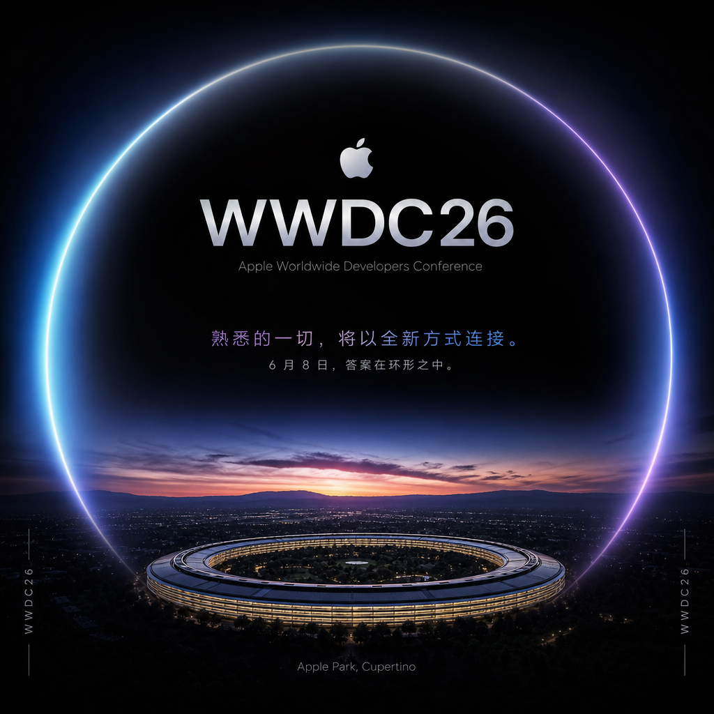 WWDC26 海报或苹果园区图,配文暗示 6 月 8 日的发布会重点
