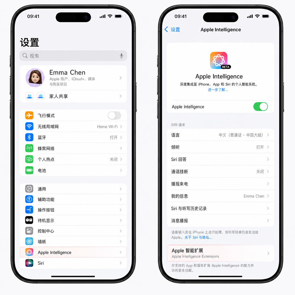 iOS 27 设置页面中 Apple Intelligence Extensions 选项示意图