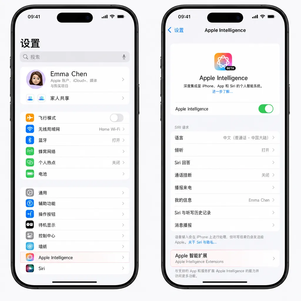 iOS 27 设置页面中 Apple Intelligence Extensions 选项示意图
