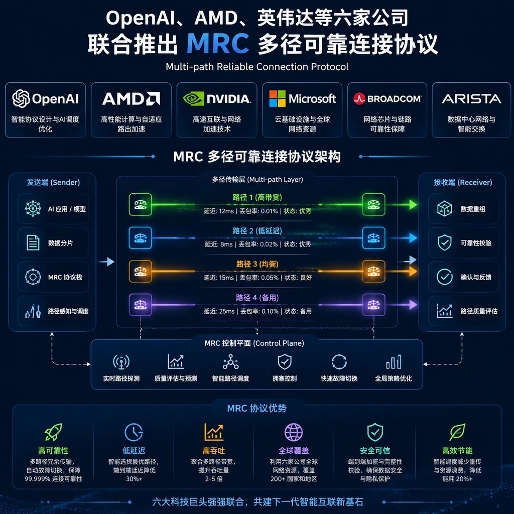 OpenAI、AMD、英伟达等六家公司联合推出 MRC 多径可靠连接协议示意图
