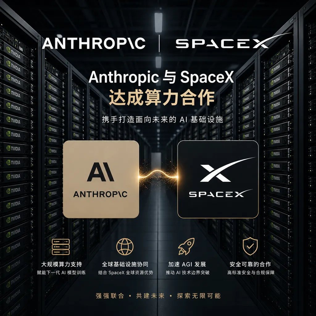 Anthropic 与 SpaceX 达成算力合作示意图,背景是密集排列的 GPU 机柜