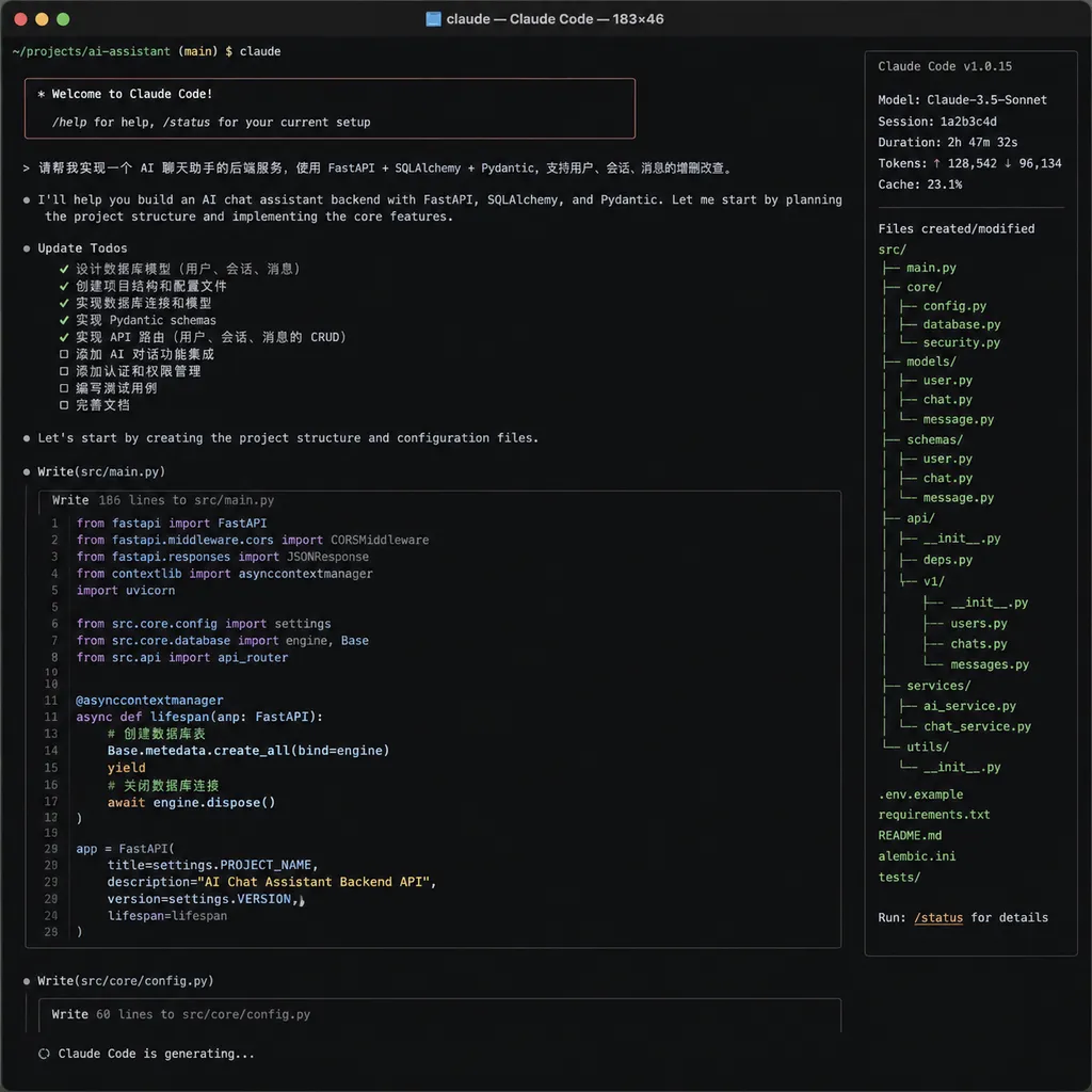Claude Code 在终端中长时间连续生成代码的截图