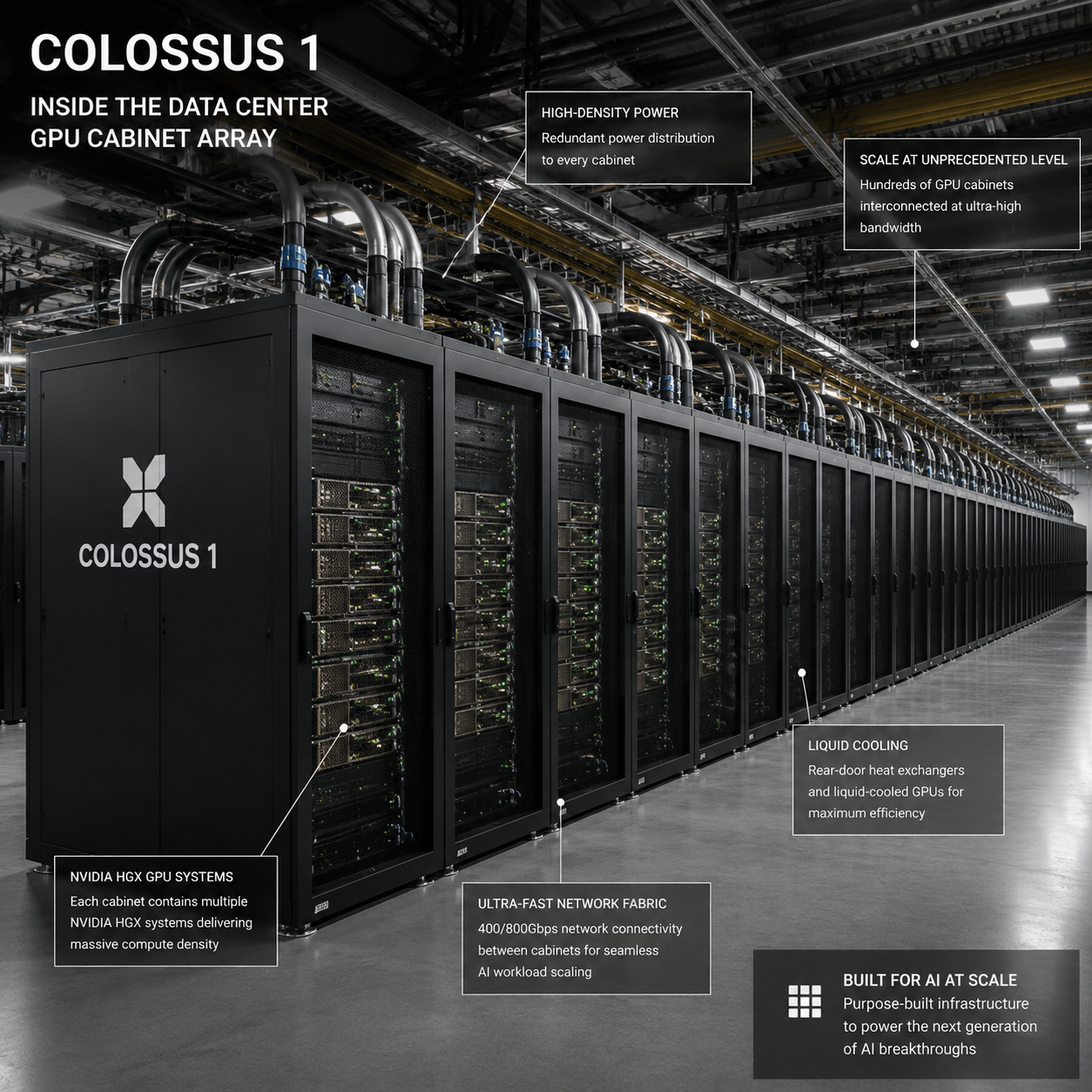 Colossus 1 数据中心内部 GPU 机柜阵列的示意图