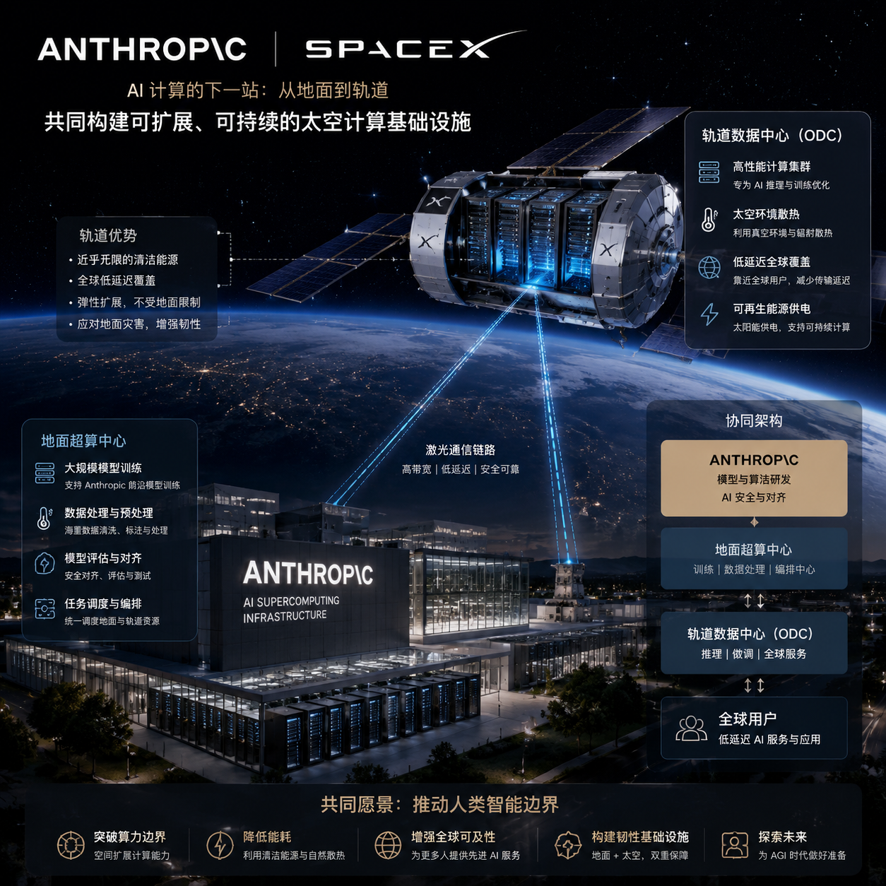 Anthropic 与 SpaceX 合作示意,包含地面超算与轨道卫星数据中心概念图