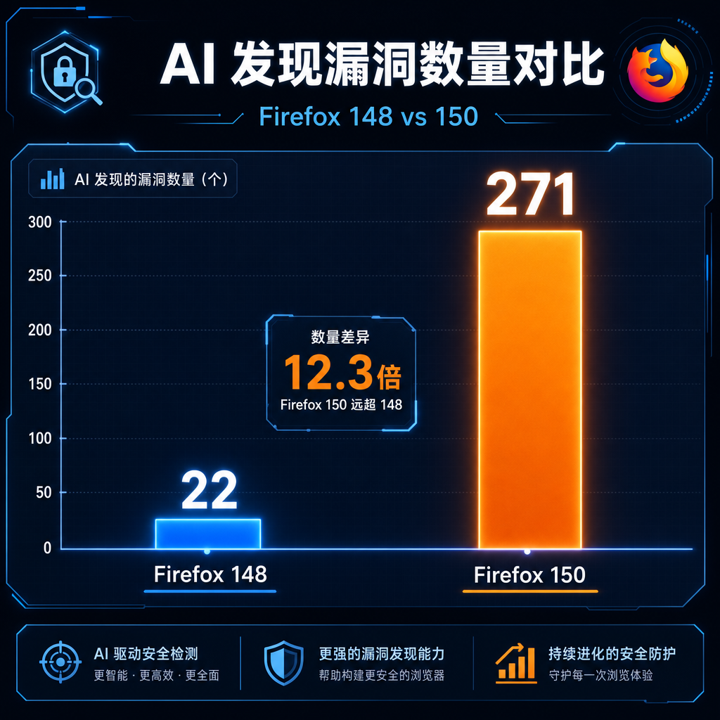 Firefox 148 与 150 版本由 AI 发现漏洞数量对比图，22 vs 271