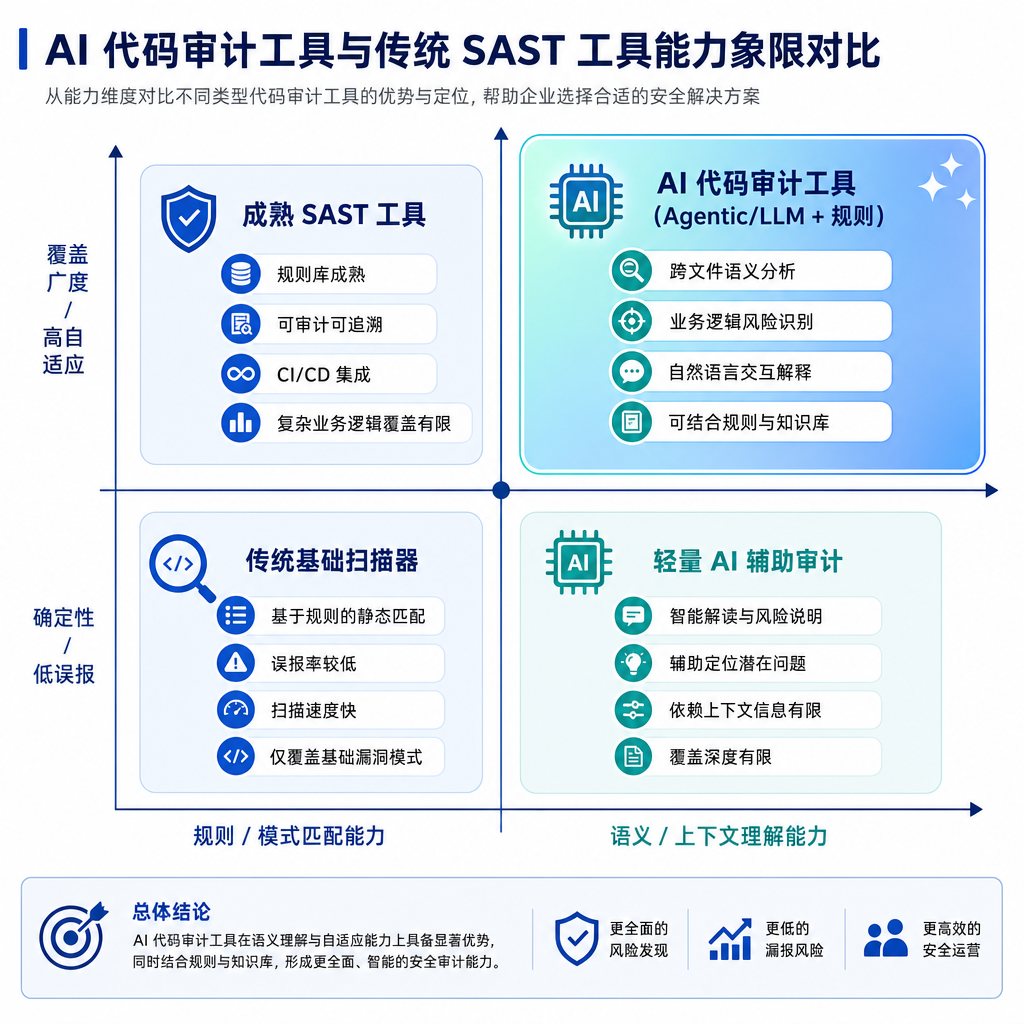 AI 代码审计工具与传统 SAST 工具能力象限对比