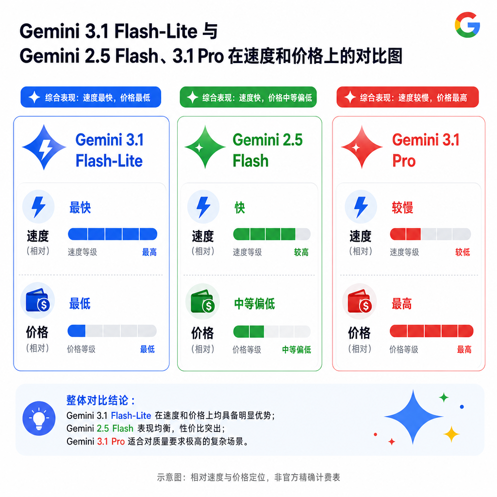 Gemini 3.1 Flash-Lite 与 Gemini 2.5 Flash、3.1 Pro 在速度和价格上的对比图