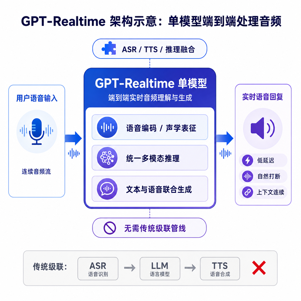 gpt-realtime 架构示意，单模型端到端处理音频