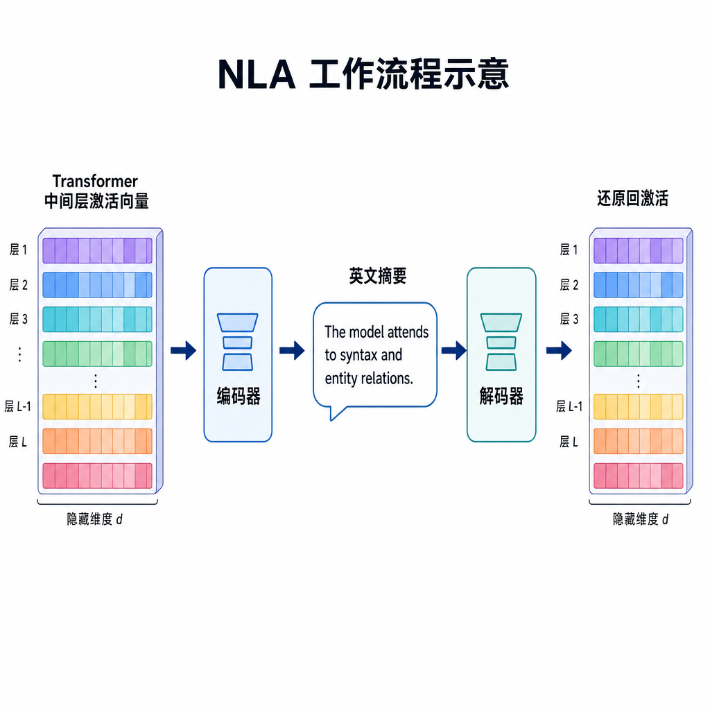 NLA 工作流程示意——左侧是 Transformer 中间层激活向量，中间通过编码器转为一段英文摘要，右侧解码器还原回激活