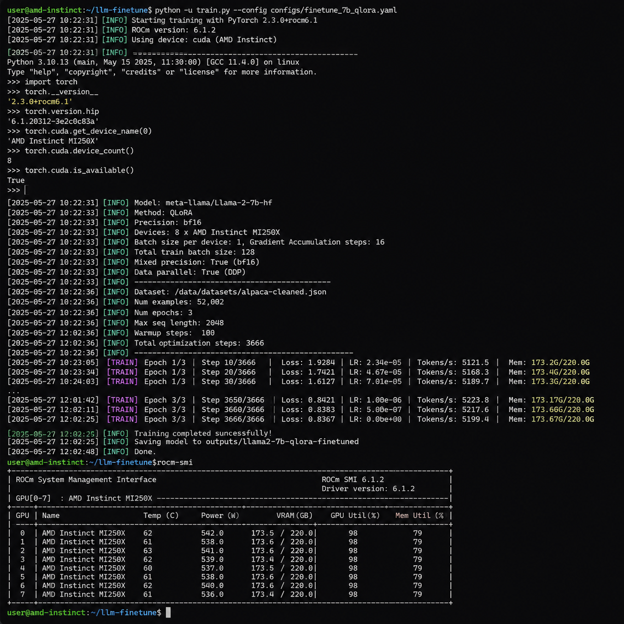 AMD Instinct GPU 上运行 ROCm + PyTorch 微调任务的终端截图
