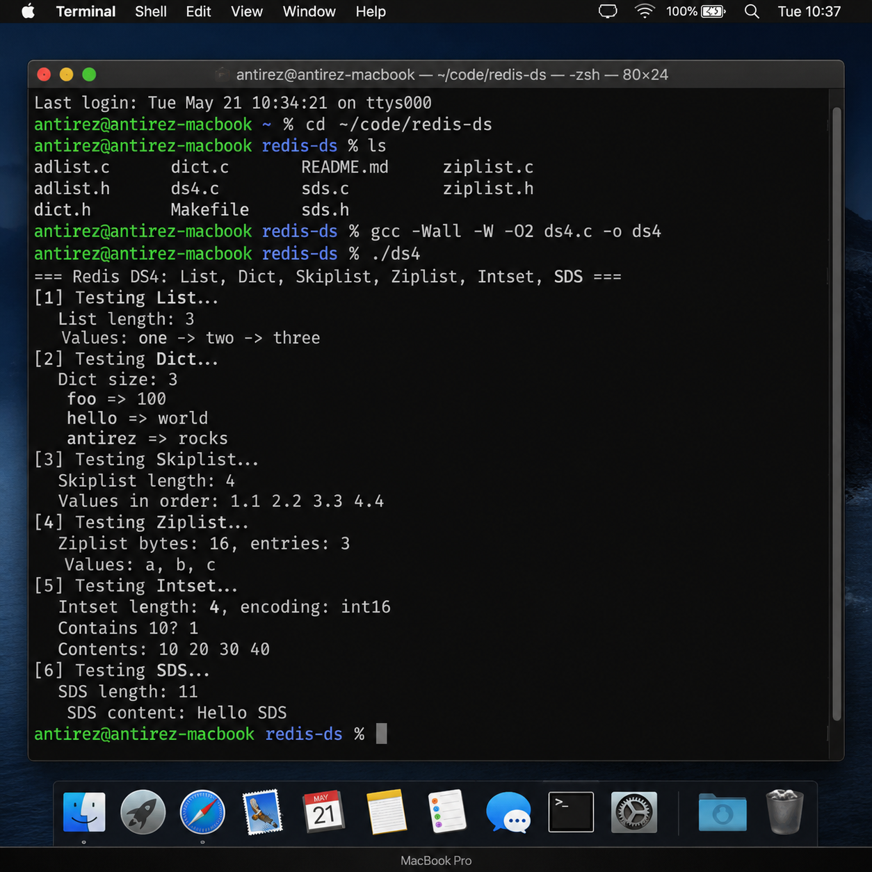 antirez 在 MacBook 上运行 ds4.c 的终端截图