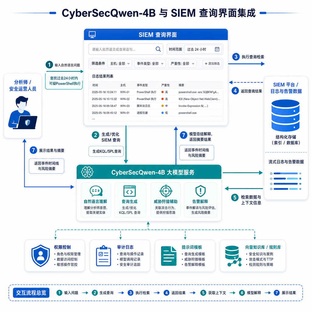 CyberSecQwen-4B 与 SIEM 查询界面集成的示意架构图