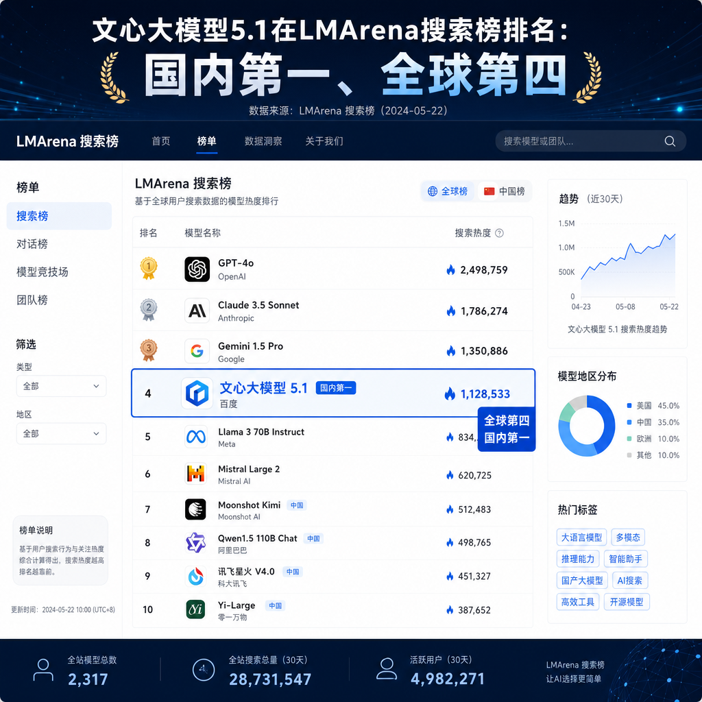 文心大模型5.1在LMArena搜索榜排名截图,显示国内第一、全球第四