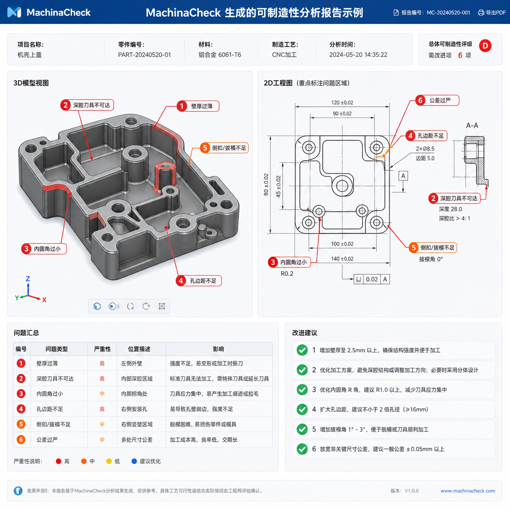MachinaCheck 生成的可制造性分析报告示例,标注问题区域和改进建议
