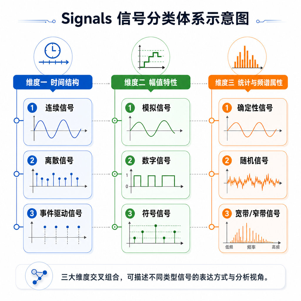 Signals 信号分类体系示意图，展示三大维度与九种模式的关系