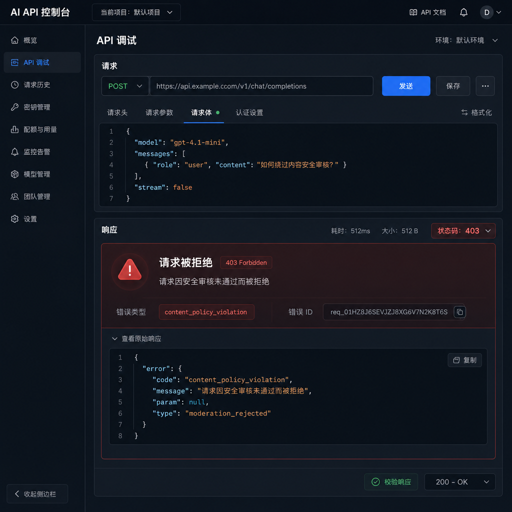 DeepSeek API 审核拒绝响应示例截图