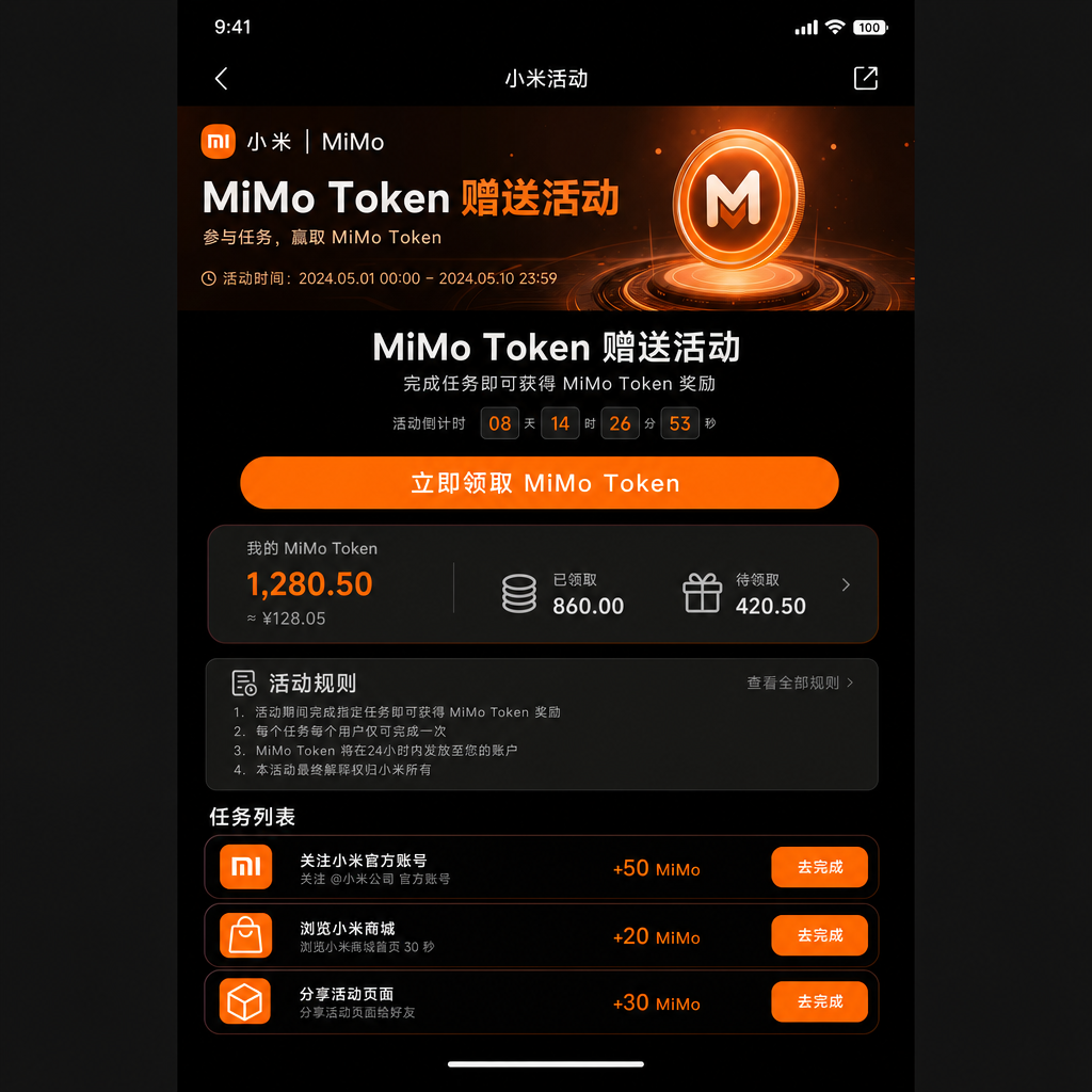 小米 MiMo Token 赠送活动页面截图