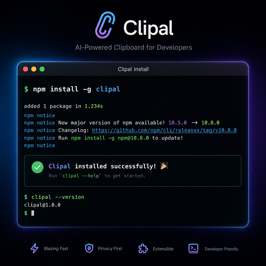 Clipal 通过 npm 一键安装的终端截图
