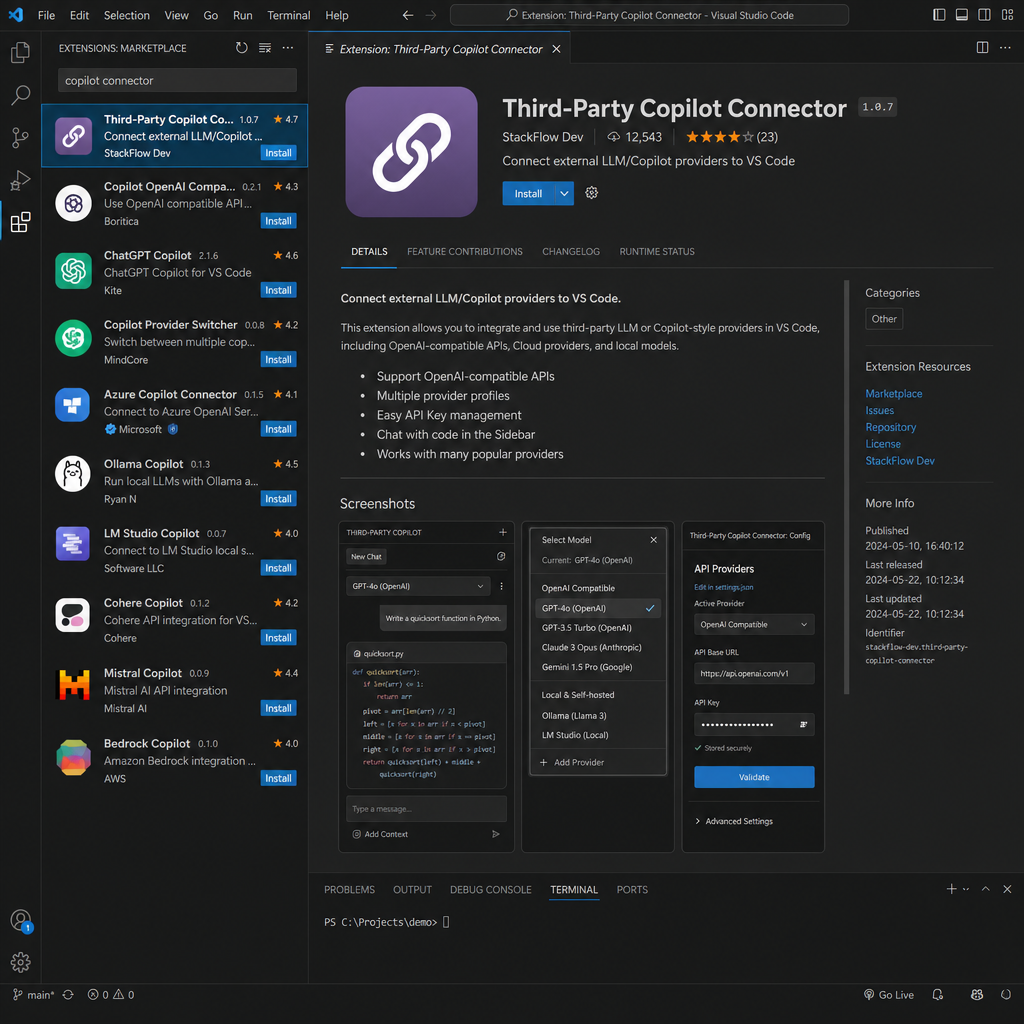 VS Code 扩展市场中的第三方 Copilot 模型接入插件截图