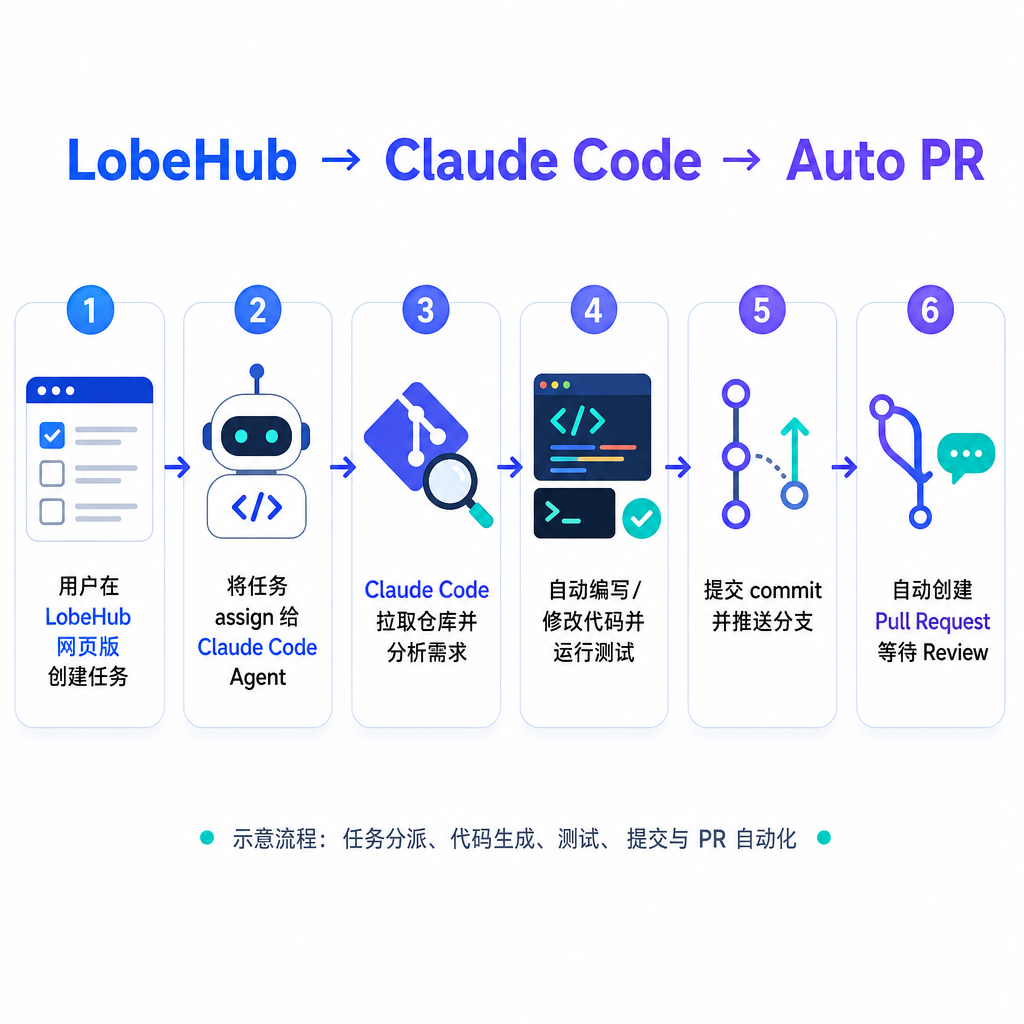 LobeHub 网页版中 assign task 给 Claude Code 并自动提交 PR 的流程示意图