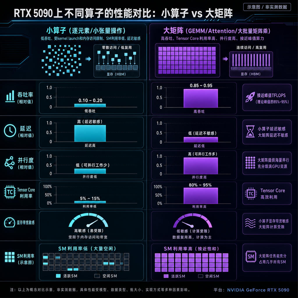 RTX 5090上不同算子的性能对比图，展示小算子vs大矩阵的性能差异
