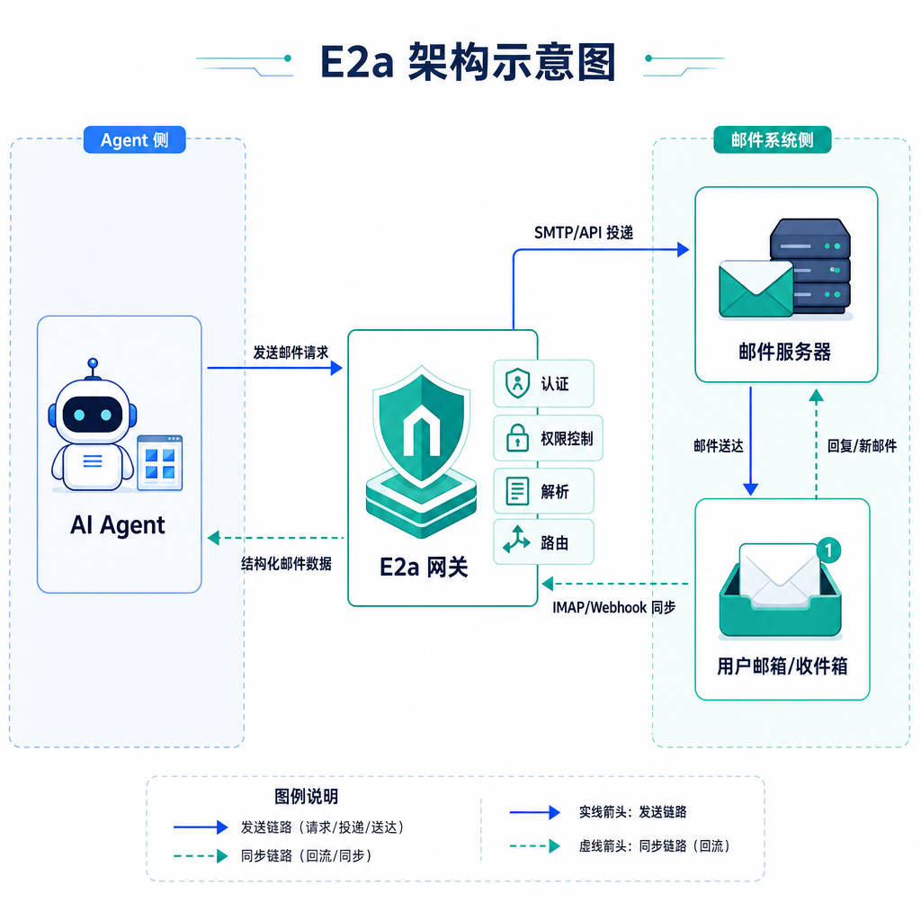 E2a 架构示意图，展示 AI Agent 通过 E2a 网关与邮件服务器交互的流程