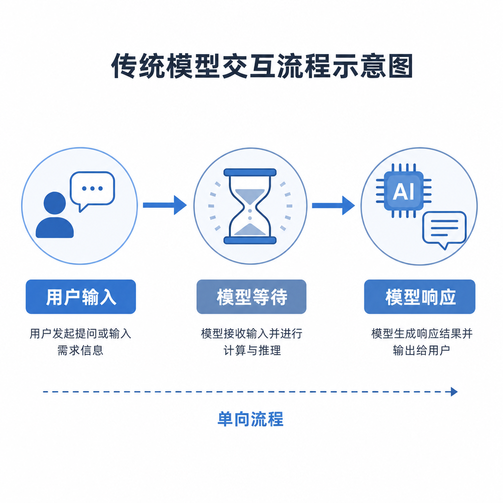 传统模型交互流程示意图,展示用户输入-模型等待-模型响应的单向流程