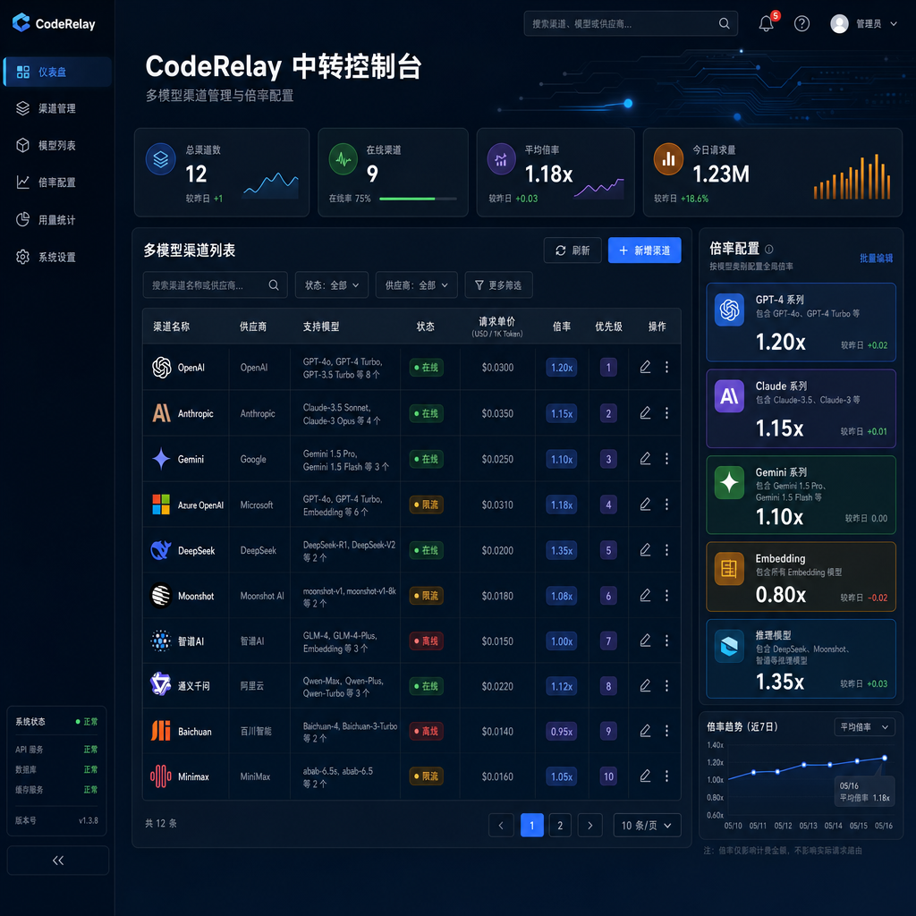 CodeRelay 中转控制台界面,展示多模型渠道列表和倍率配置