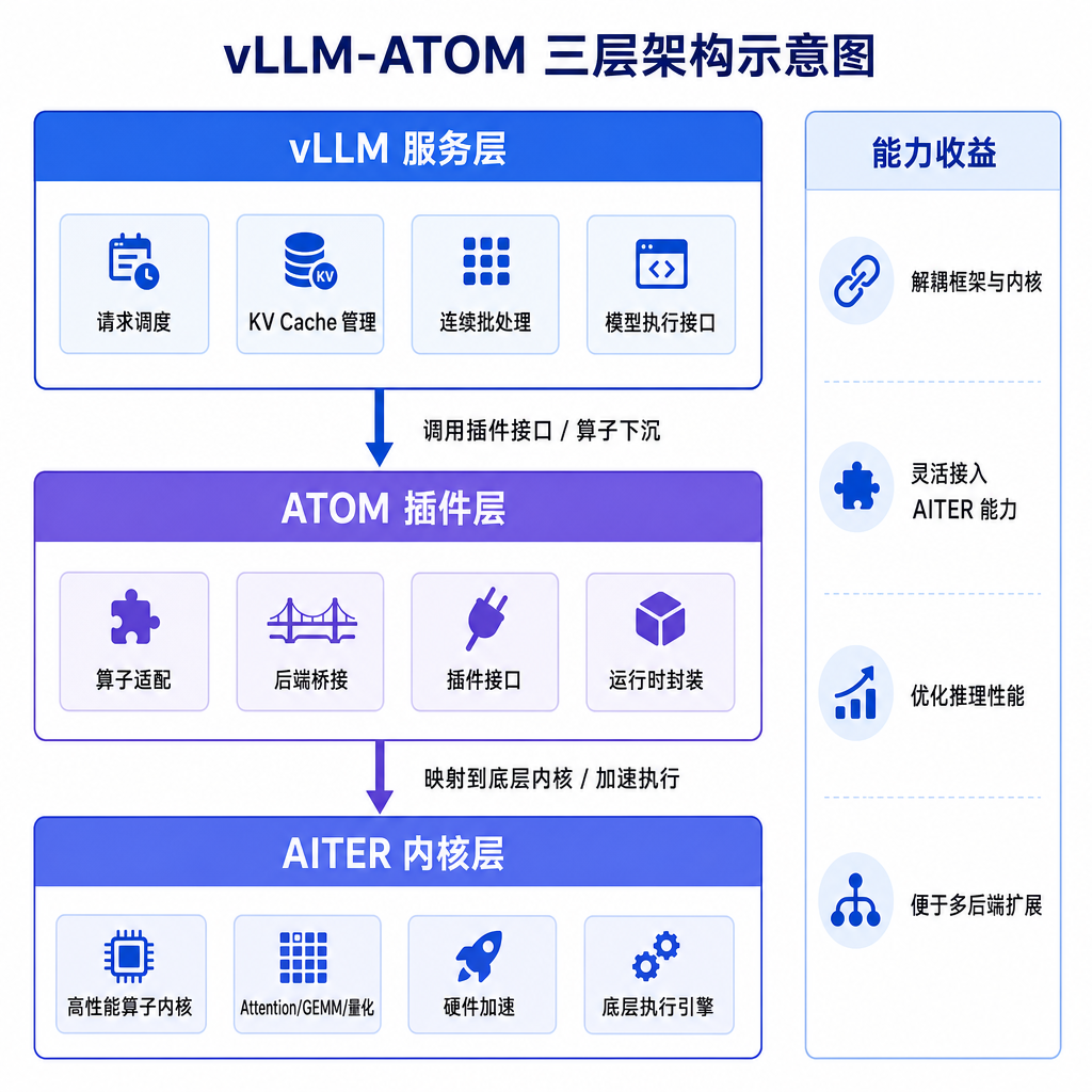 vLLM-ATOM 三层架构示意图,展示 vLLM、ATOM 插件和 AITER 内核的关系