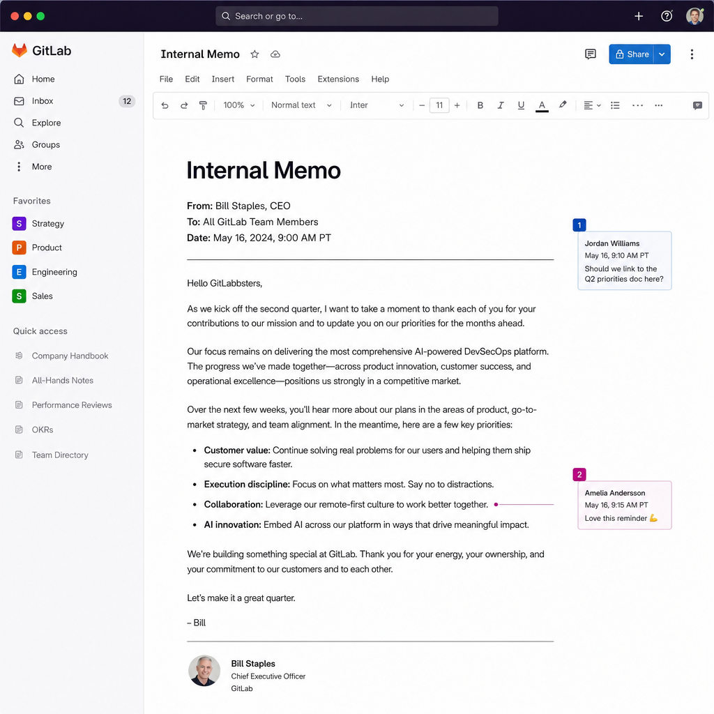 GitLab CEO Bill Staples 内部备忘录截图