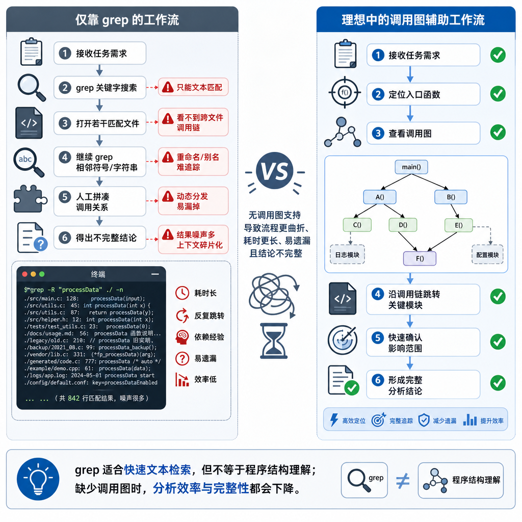 AI 编程智能体在没有调用图支持时的工作流程示意图，展示 grep 搜索的局限性