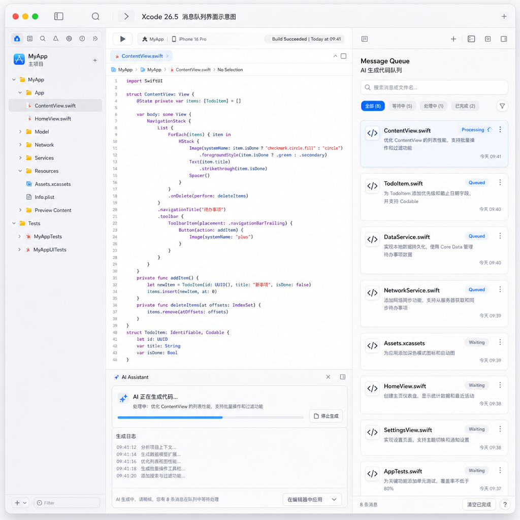 Xcode 26.5 消息队列界面示意图，显示多条消息在 AI 生成代码时排队等待处理