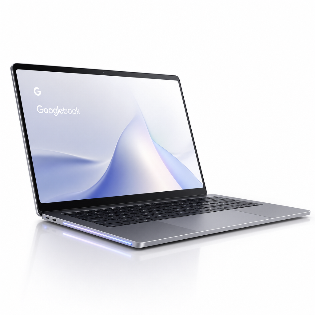 Googlebook产品外观渲染图,机身侧面带有Glowbar氛围灯条
