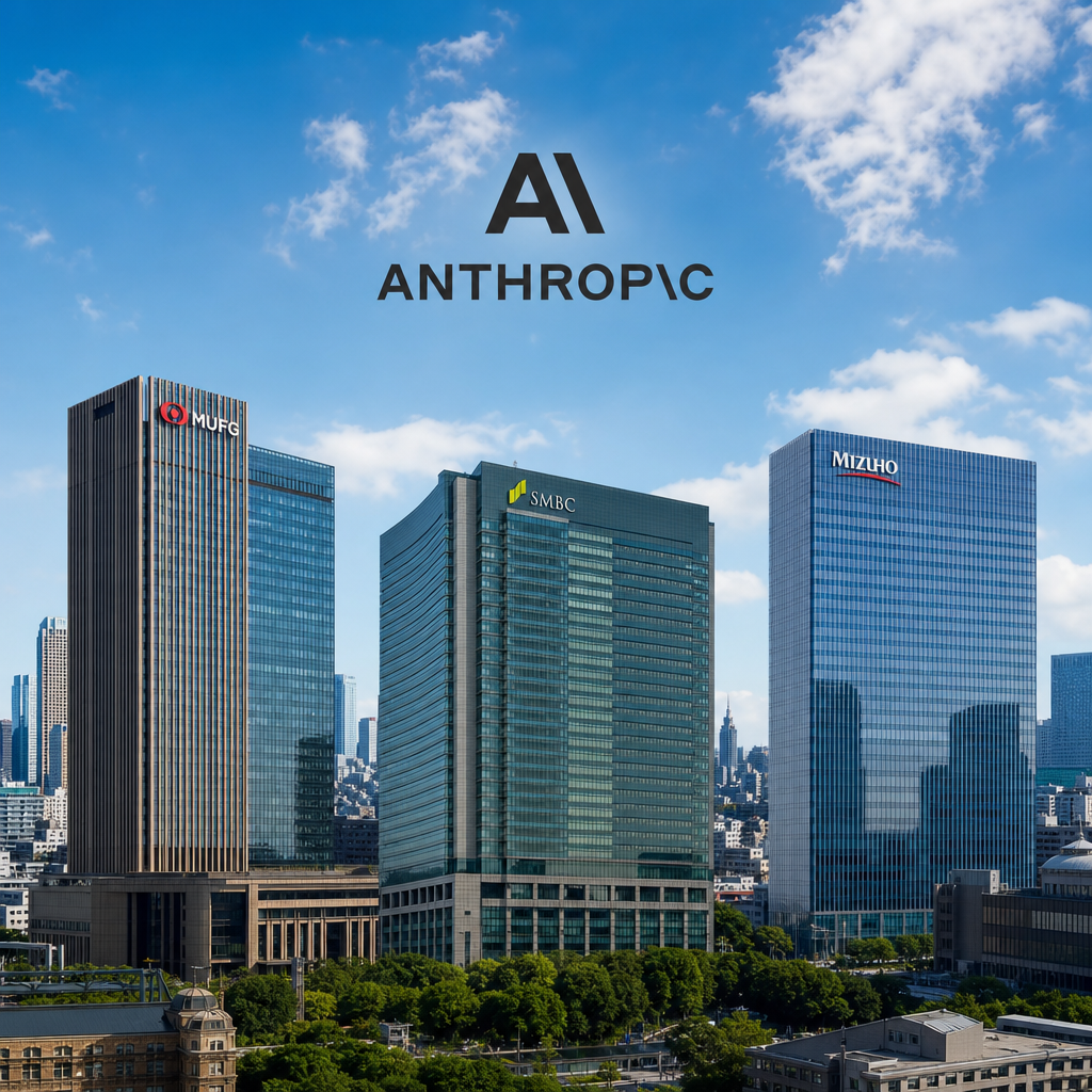日本三大银行总部大楼与 Anthropic 标志的合成图