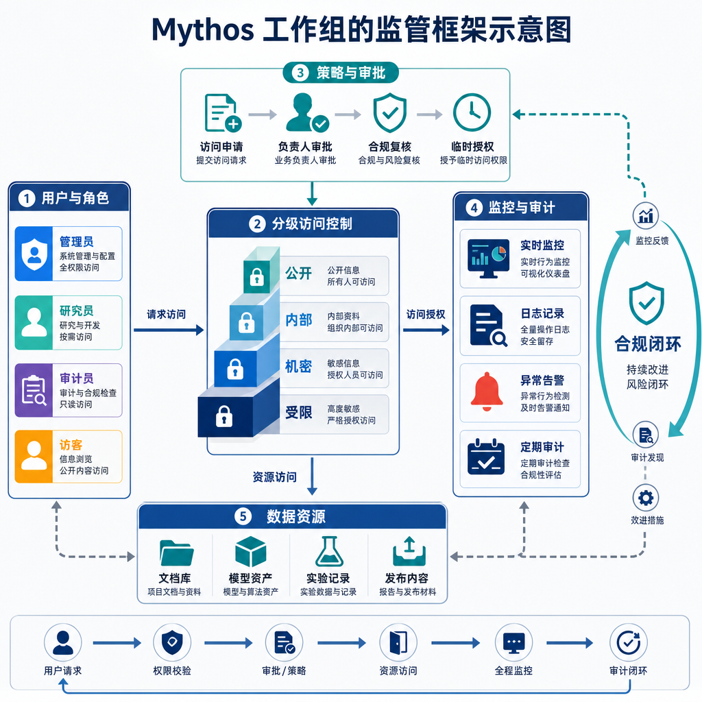 Mythos 工作组的监管框架示意图,展示分级访问和监控流程
