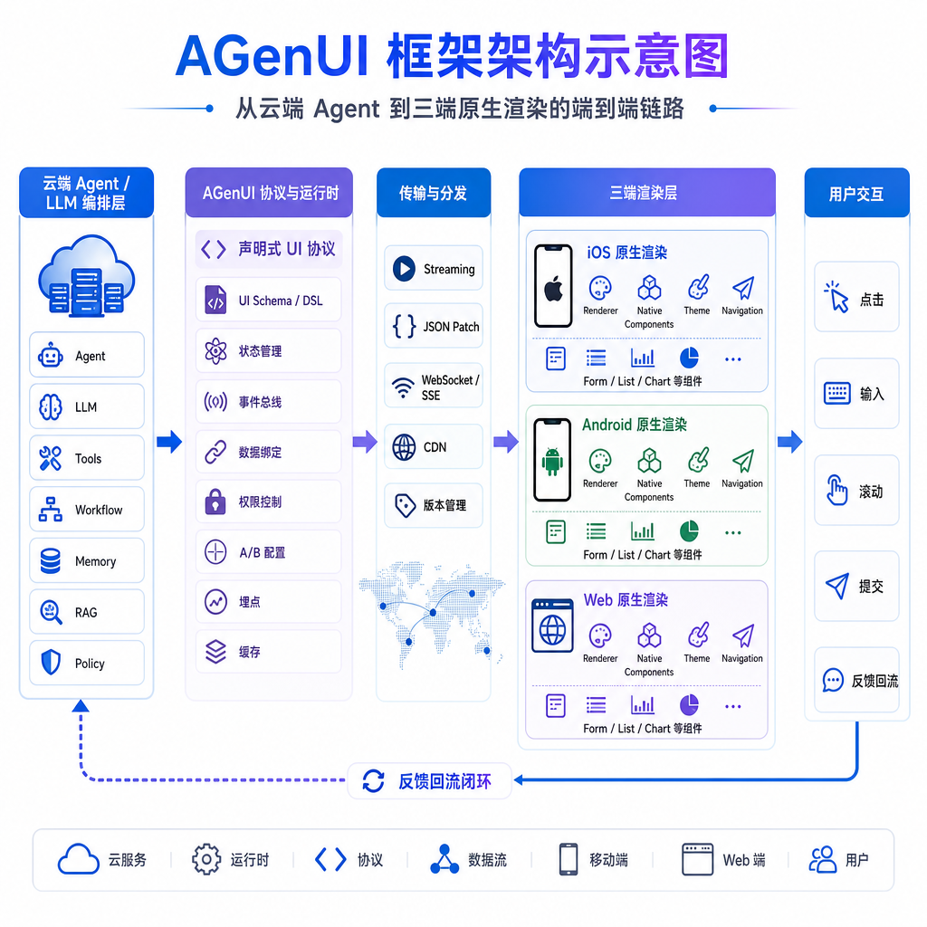 AGenUI 框架架构示意图,展示从云端 Agent 到三端原生渲染的链路