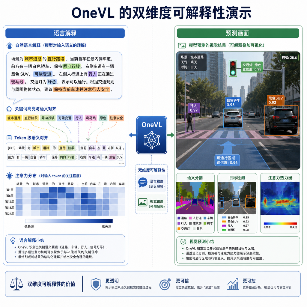 OneVL 的双维度可解释性演示，左侧为语言解释，右侧为预测画面